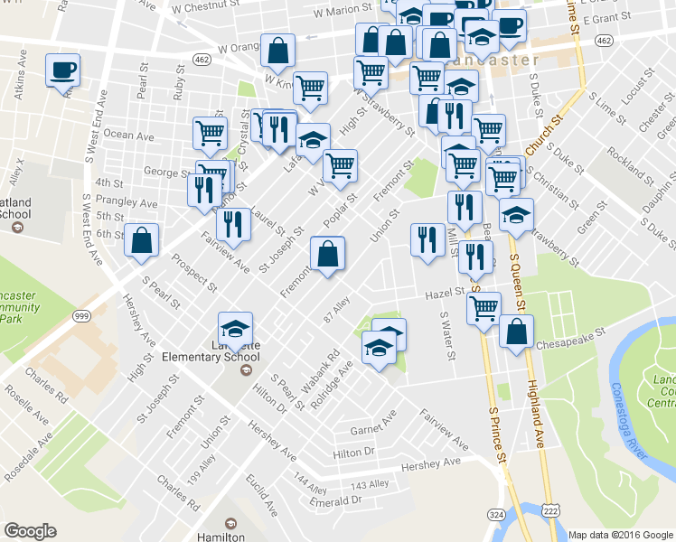 map of restaurants, bars, coffee shops, grocery stores, and more near 331 Laurel Street in Lancaster