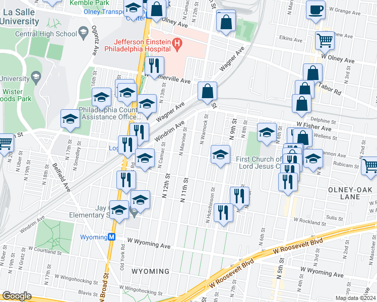 map of restaurants, bars, coffee shops, grocery stores, and more near 1103 Lindley Avenue in Philadelphia