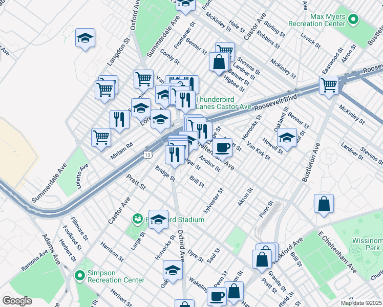 map of restaurants, bars, coffee shops, grocery stores, and more near 5417 Rutland Street in Philadelphia