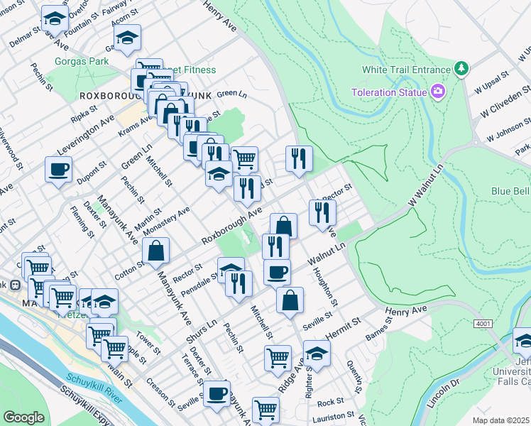map of restaurants, bars, coffee shops, grocery stores, and more near 531 Roxborough Avenue in Philadelphia