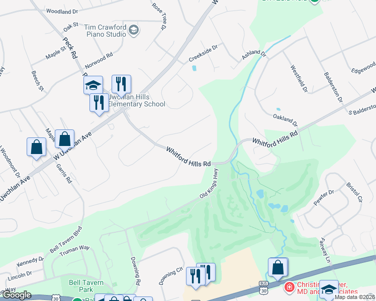 map of restaurants, bars, coffee shops, grocery stores, and more near 607 Thomas Road in Downingtown