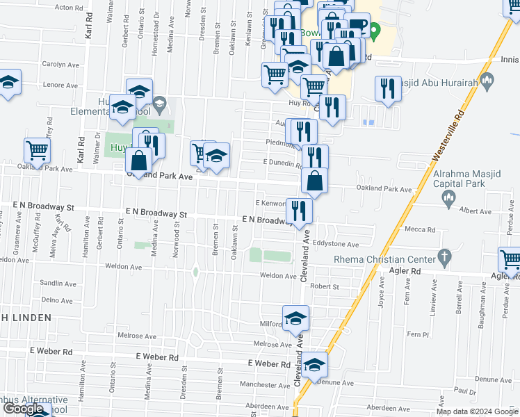 map of restaurants, bars, coffee shops, grocery stores, and more near 3084 Kenlawn Street in Columbus
