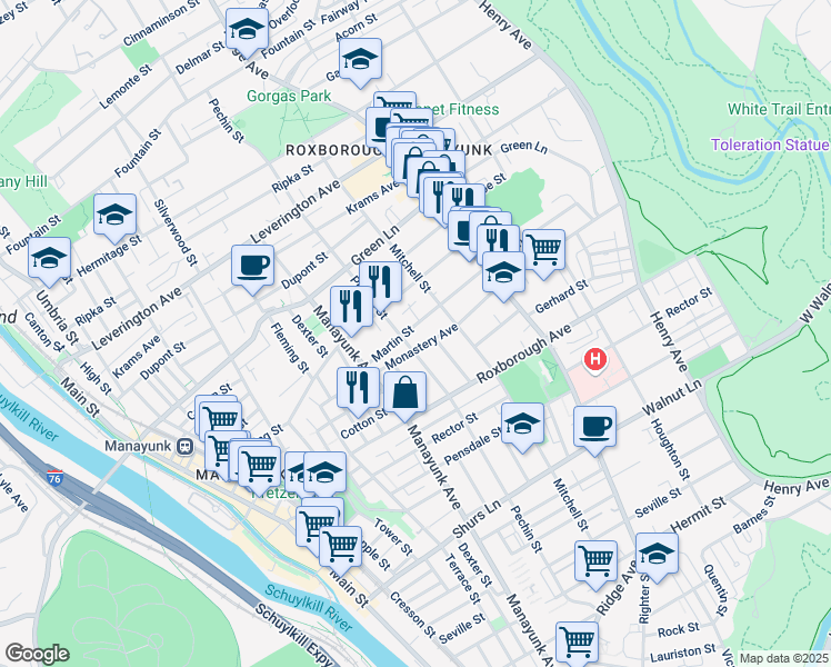 map of restaurants, bars, coffee shops, grocery stores, and more near 409 Martin Street in Philadelphia