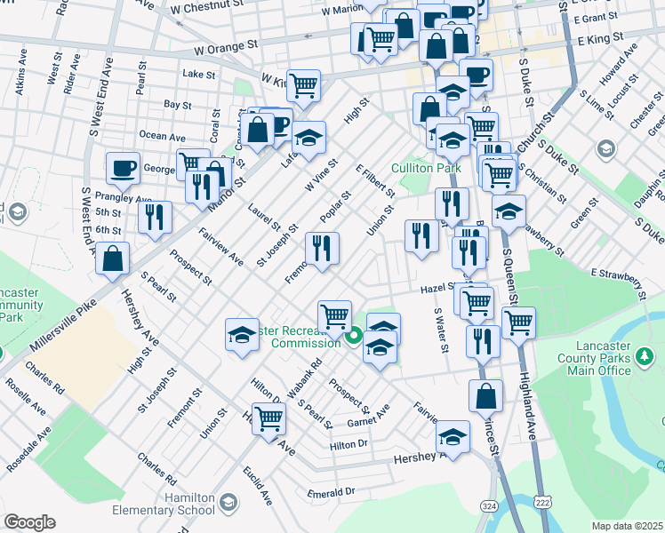 map of restaurants, bars, coffee shops, grocery stores, and more near 329 Laurel Street in Lancaster