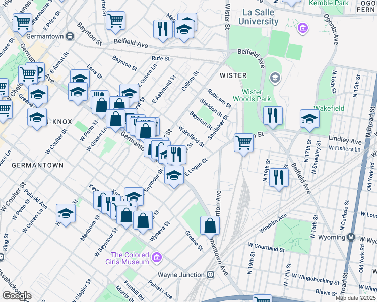 map of restaurants, bars, coffee shops, grocery stores, and more near 54 East Clapier Street in Philadelphia