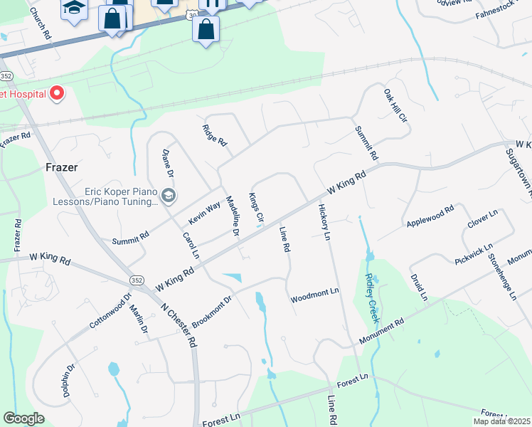 map of restaurants, bars, coffee shops, grocery stores, and more near 34 Kings Circle in Malvern