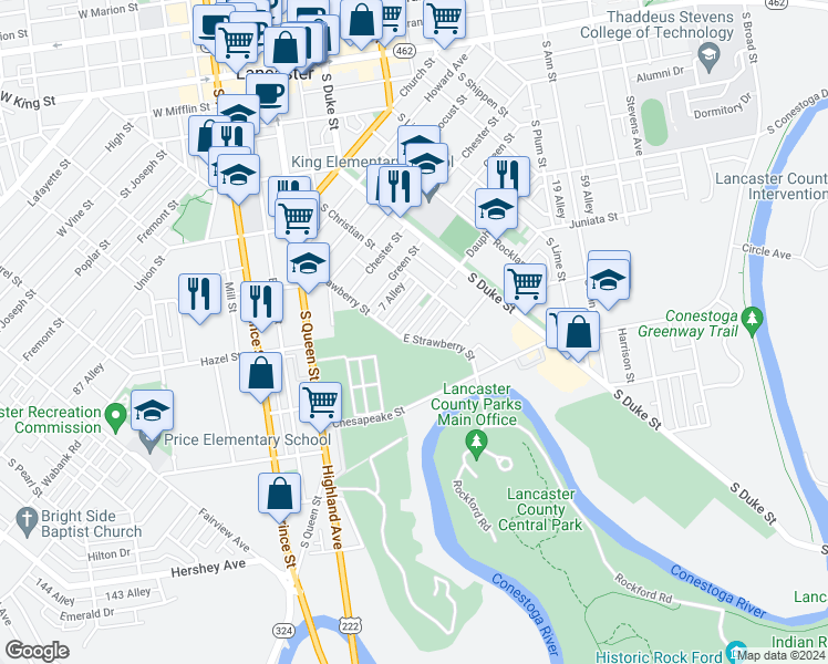 map of restaurants, bars, coffee shops, grocery stores, and more near 549 Dauphin Street in Lancaster