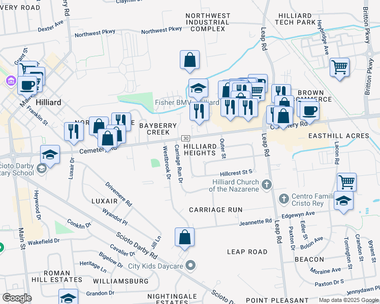 map of restaurants, bars, coffee shops, grocery stores, and more near 5200 Hillcrest Street North in Hilliard