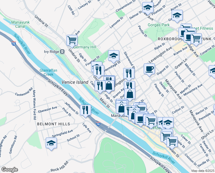 map of restaurants, bars, coffee shops, grocery stores, and more near 107 Ripka Street in Philadelphia