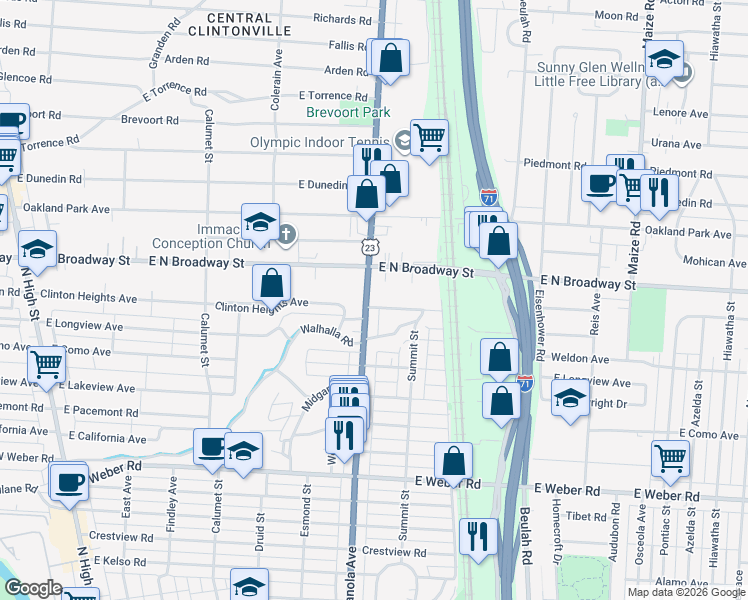map of restaurants, bars, coffee shops, grocery stores, and more near 3252 Indianola Avenue in Columbus