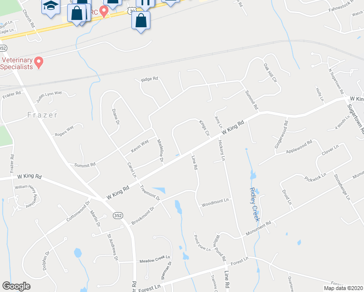 map of restaurants, bars, coffee shops, grocery stores, and more near 34 Kings Circle in Malvern