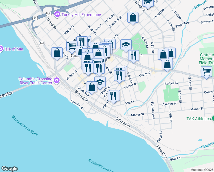 map of restaurants, bars, coffee shops, grocery stores, and more near 301 Union Street in Columbia