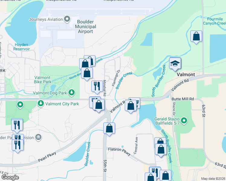 map of restaurants, bars, coffee shops, grocery stores, and more near Flamingo Drive in Boulder