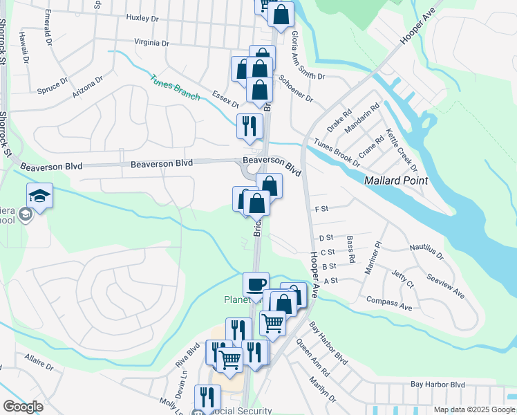 map of restaurants, bars, coffee shops, grocery stores, and more near 165 Brick Boulevard in Brick Township