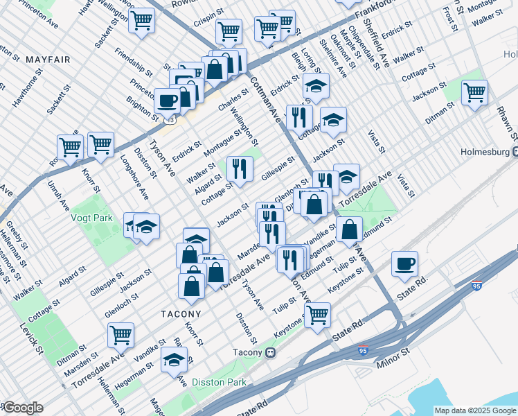 map of restaurants, bars, coffee shops, grocery stores, and more near 4439 Princeton Avenue in Philadelphia