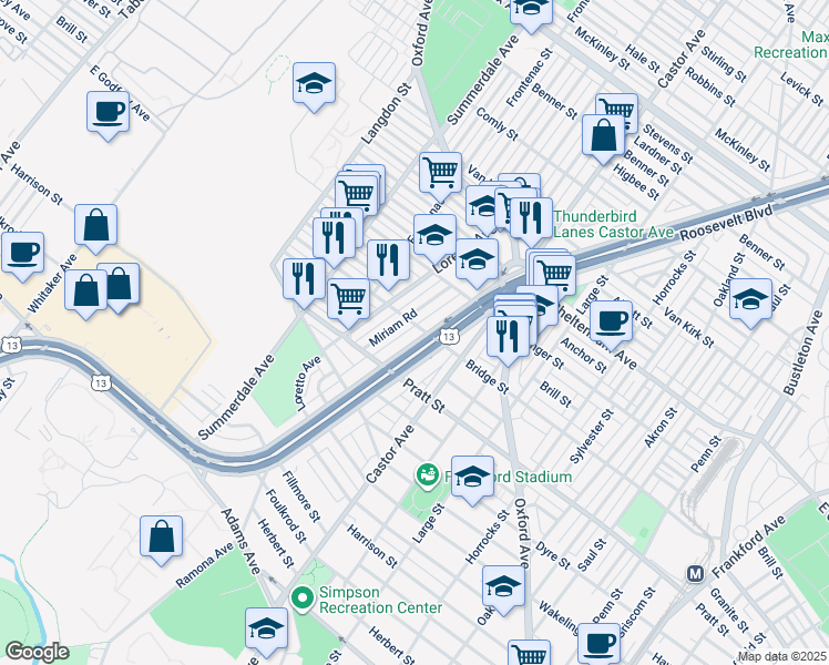 map of restaurants, bars, coffee shops, grocery stores, and more near 5300 Roosevelt Boulevard in Philadelphia