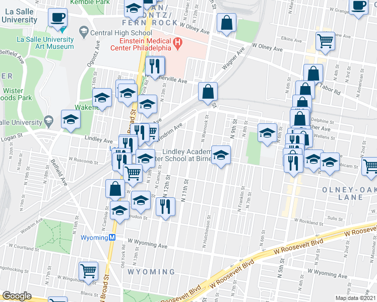 map of restaurants, bars, coffee shops, grocery stores, and more near 5115 North 11th Street in Philadelphia