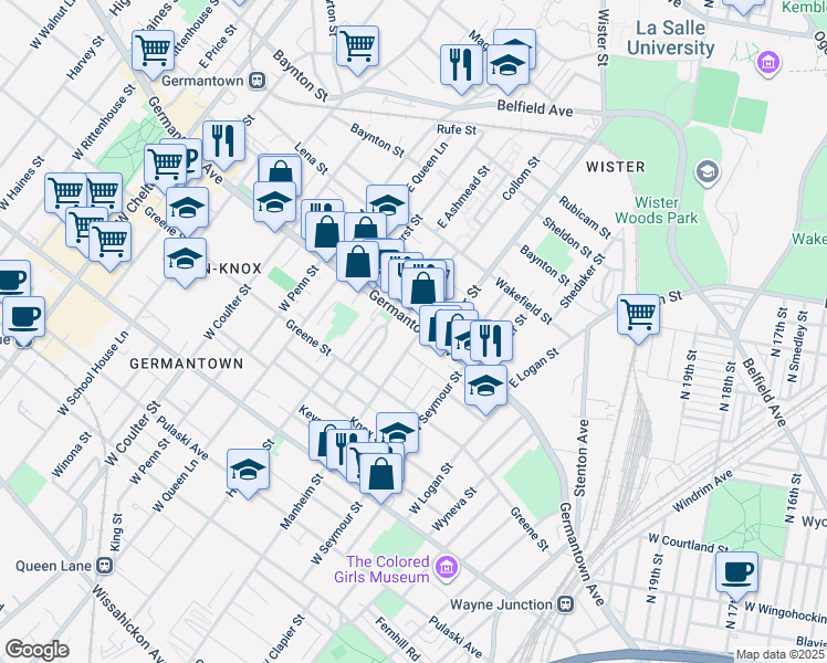 map of restaurants, bars, coffee shops, grocery stores, and more near 5124 Germantown Avenue in Philadelphia
