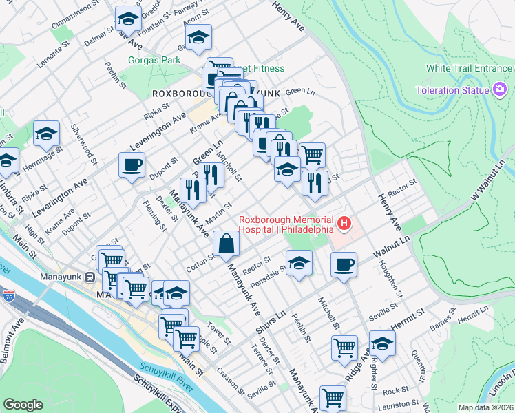 map of restaurants, bars, coffee shops, grocery stores, and more near 4359 Mitchell Street in Philadelphia