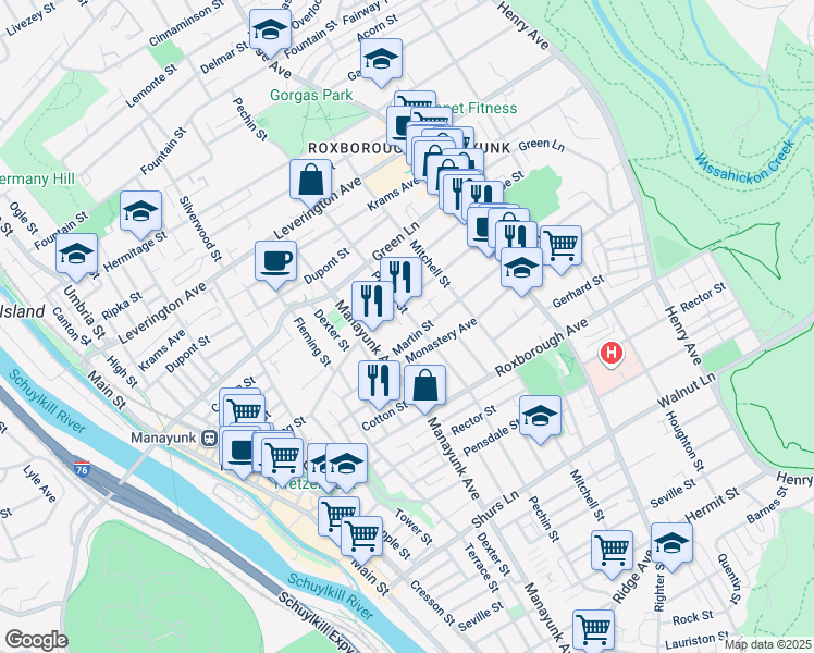 map of restaurants, bars, coffee shops, grocery stores, and more near 4356 Pechin Street in Philadelphia