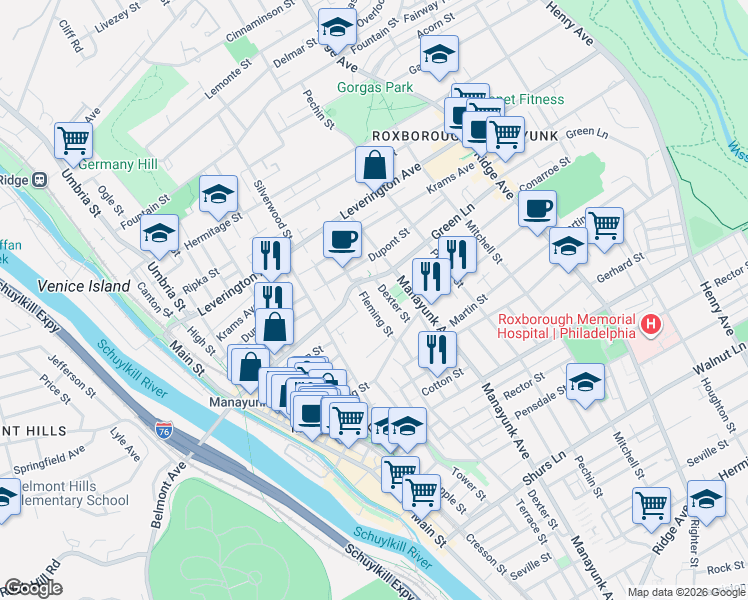 map of restaurants, bars, coffee shops, grocery stores, and more near 281 Green Lane in Philadelphia