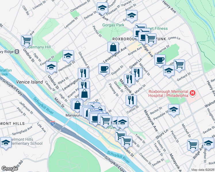 map of restaurants, bars, coffee shops, grocery stores, and more near 281 Green Lane in Philadelphia