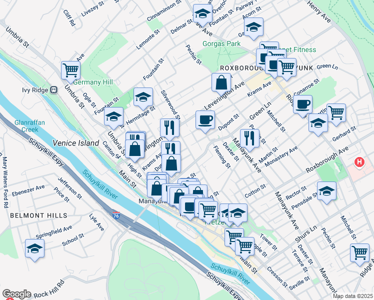 map of restaurants, bars, coffee shops, grocery stores, and more near 245-47 Dupont Place in Philadelphia