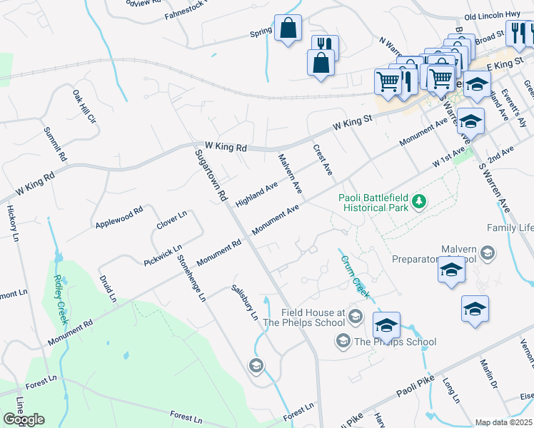 map of restaurants, bars, coffee shops, grocery stores, and more near 601 Monument Avenue in Malvern