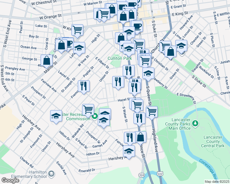map of restaurants, bars, coffee shops, grocery stores, and more near 433 Hillside Avenue in Lancaster