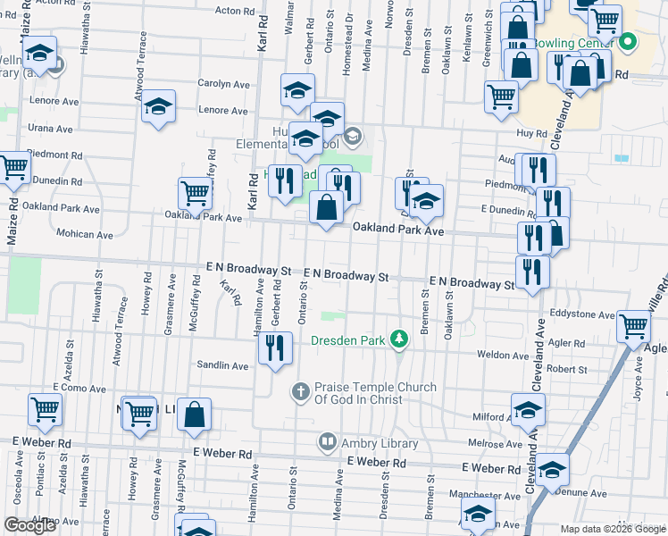 map of restaurants, bars, coffee shops, grocery stores, and more near 3125 Medina Avenue in Columbus