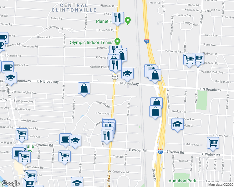 map of restaurants, bars, coffee shops, grocery stores, and more near 3262 Indianola Avenue in Columbus