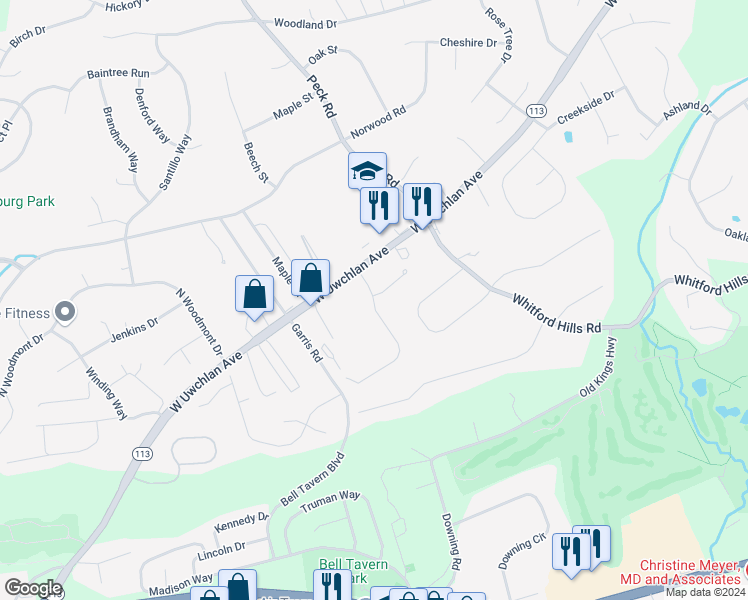 map of restaurants, bars, coffee shops, grocery stores, and more near 2 Foster Lane in Downingtown