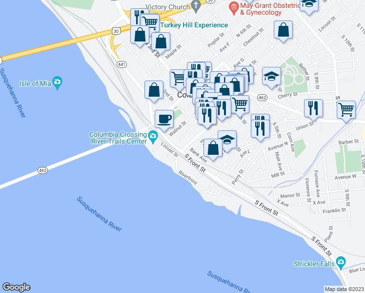 map of restaurants, bars, coffee shops, grocery stores, and more near 117 Locust Street in Columbia