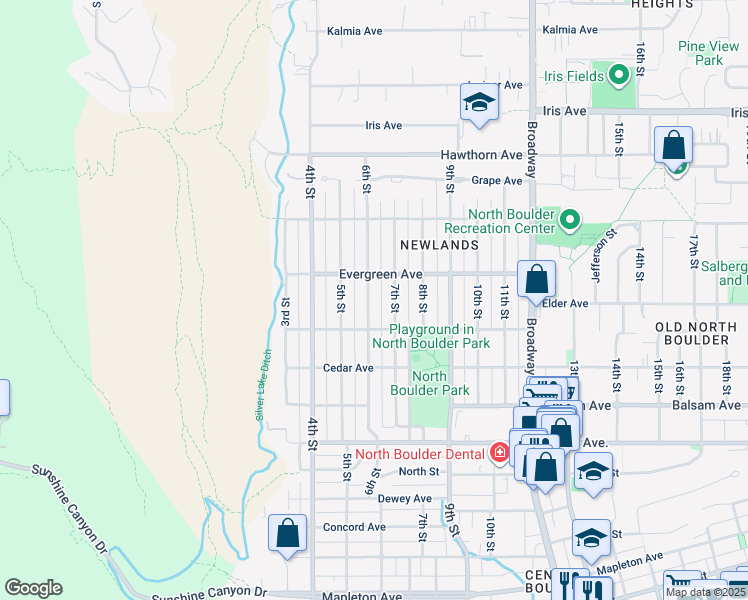 map of restaurants, bars, coffee shops, grocery stores, and more near 3056 6th Street in Boulder