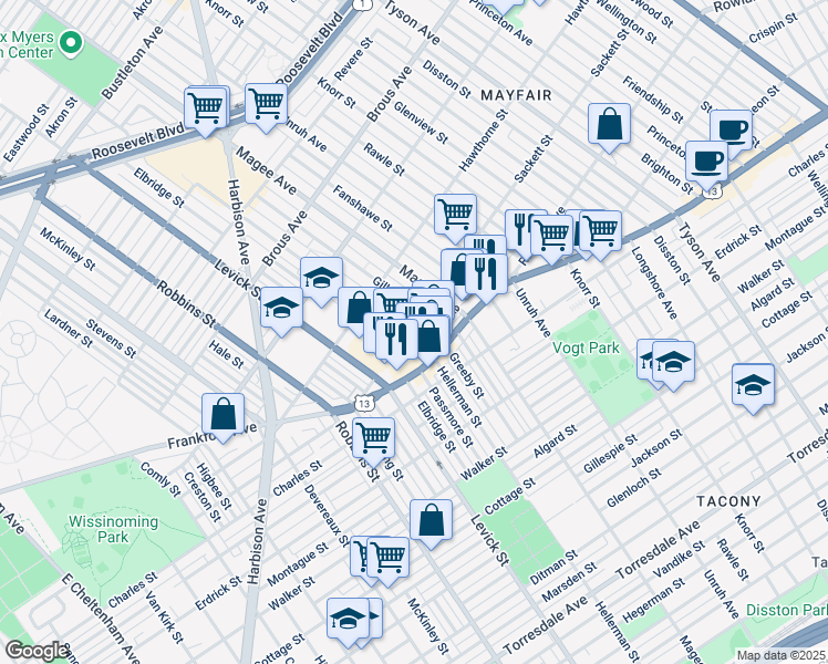 map of restaurants, bars, coffee shops, grocery stores, and more near 3156 Gilham Street in Philadelphia