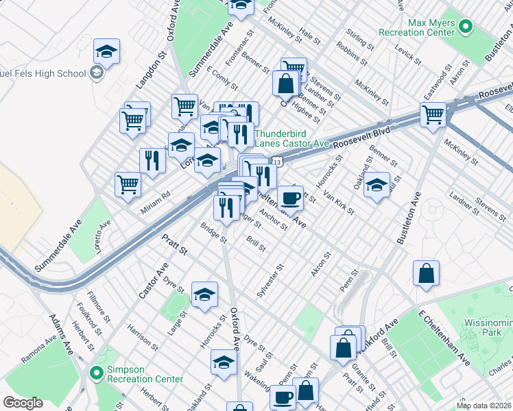 map of restaurants, bars, coffee shops, grocery stores, and more near 5424 Rutland Street in Philadelphia