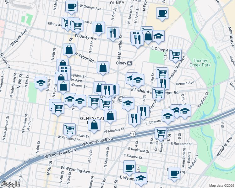map of restaurants, bars, coffee shops, grocery stores, and more near 5236 North Mascher Street in Philadelphia