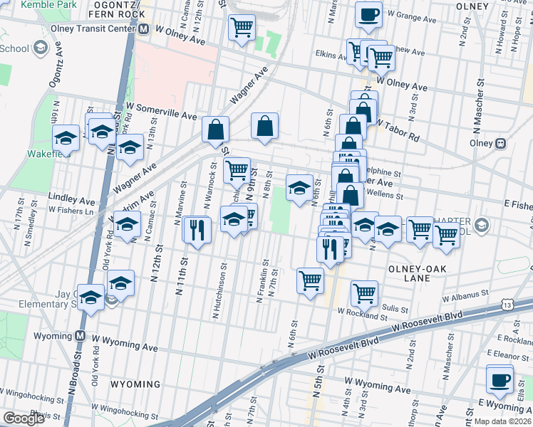 map of restaurants, bars, coffee shops, grocery stores, and more near 5153 North 8th Street in Philadelphia