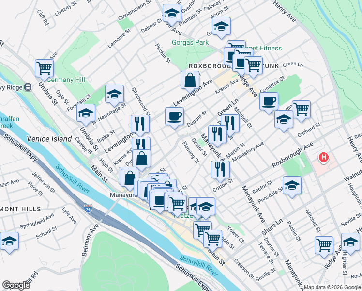 map of restaurants, bars, coffee shops, grocery stores, and more near 281 Green Lane in Philadelphia