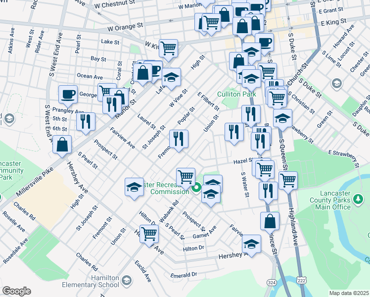 map of restaurants, bars, coffee shops, grocery stores, and more near 329 Laurel Street in Lancaster