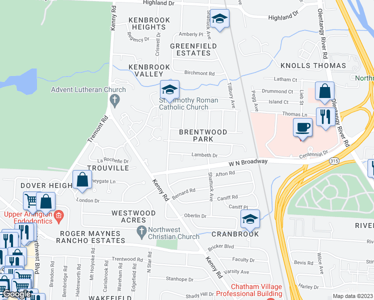 map of restaurants, bars, coffee shops, grocery stores, and more near 1055 Havendale Drive in Columbus