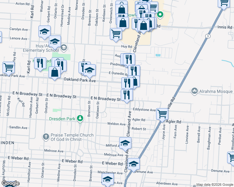 map of restaurants, bars, coffee shops, grocery stores, and more near 1736 East Kenworth Road in Columbus