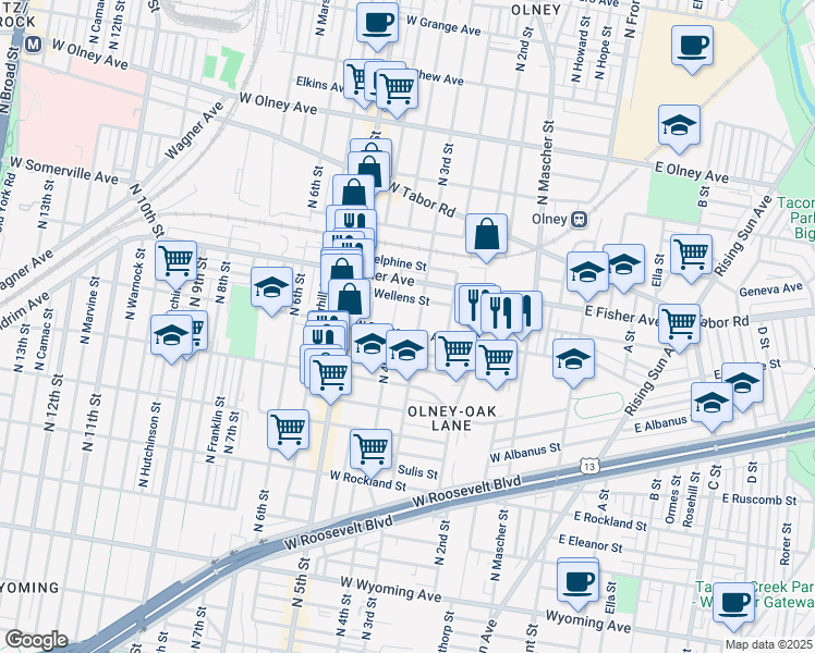 map of restaurants, bars, coffee shops, grocery stores, and more near 311 West Duncannon Avenue in Philadelphia