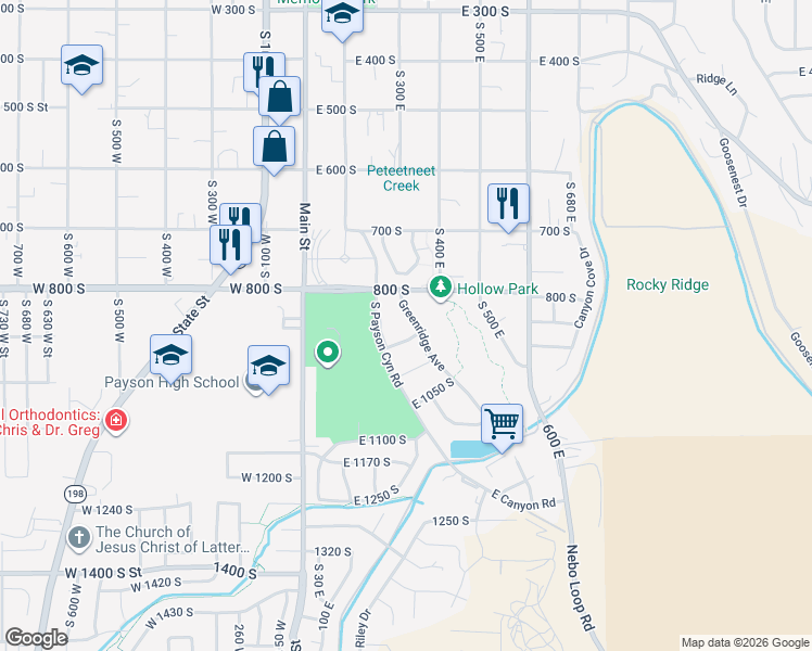 map of restaurants, bars, coffee shops, grocery stores, and more near 876 Greenridge Avenue in Payson