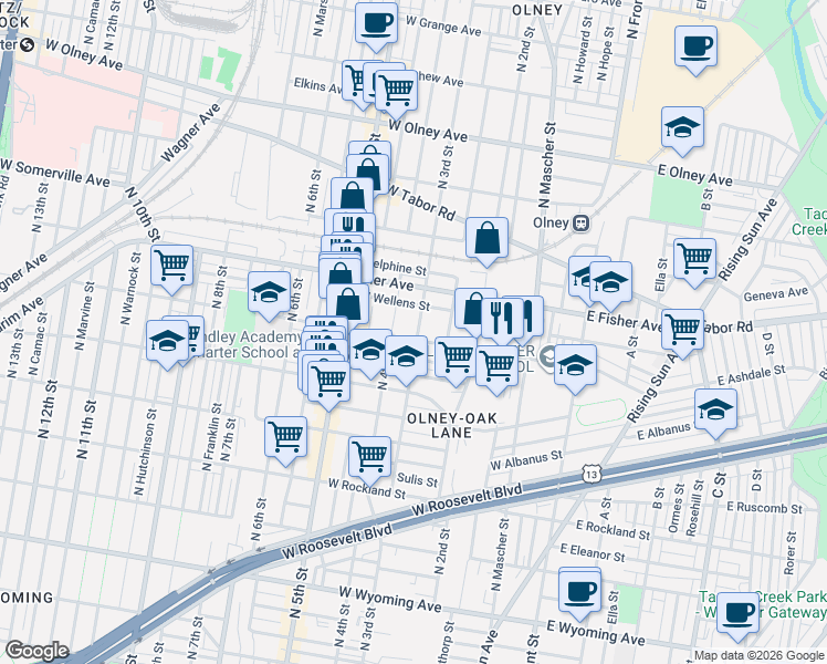 map of restaurants, bars, coffee shops, grocery stores, and more near 5216 North 3rd Street in Philadelphia