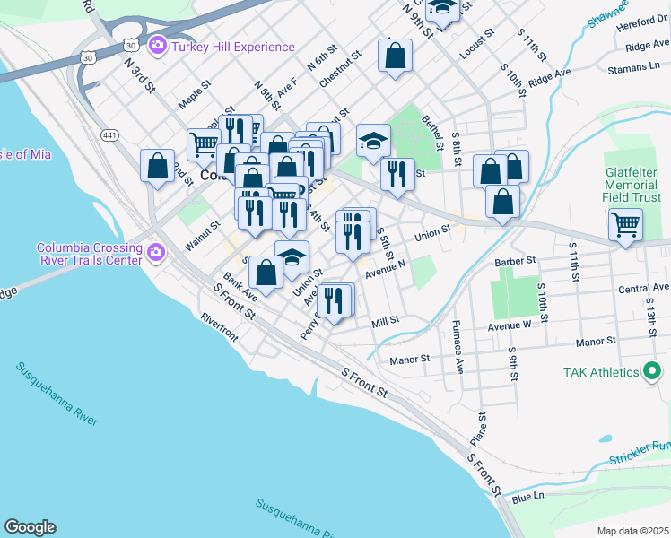 map of restaurants, bars, coffee shops, grocery stores, and more near 330 Union Street in Columbia
