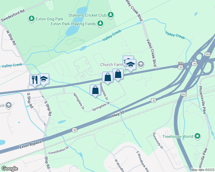 map of restaurants, bars, coffee shops, grocery stores, and more near 886 Springdale Drive in Exton