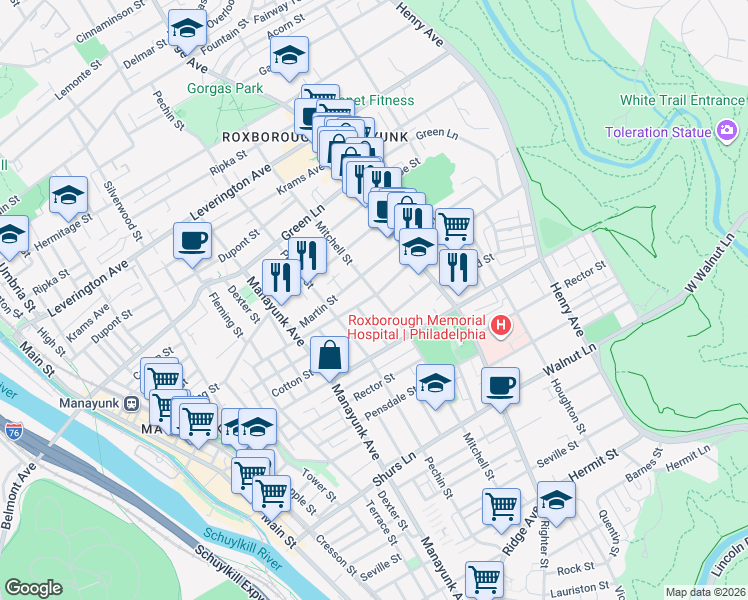 map of restaurants, bars, coffee shops, grocery stores, and more near 4359 Mitchell Street in Philadelphia