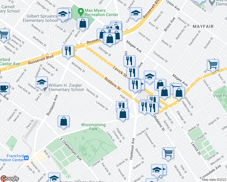 map of restaurants, bars, coffee shops, grocery stores, and more near 6228 Mershon Street in Philadelphia