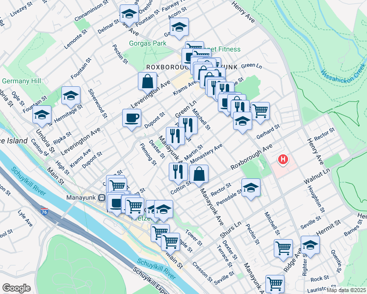 map of restaurants, bars, coffee shops, grocery stores, and more near 375 Lyceum Avenue in Philadelphia